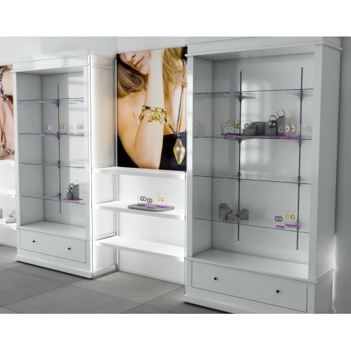 Armoire de présentation L.125 cm, armoire pour magasin avec tiroir de rangement et système lumineux en option. agencement de mag