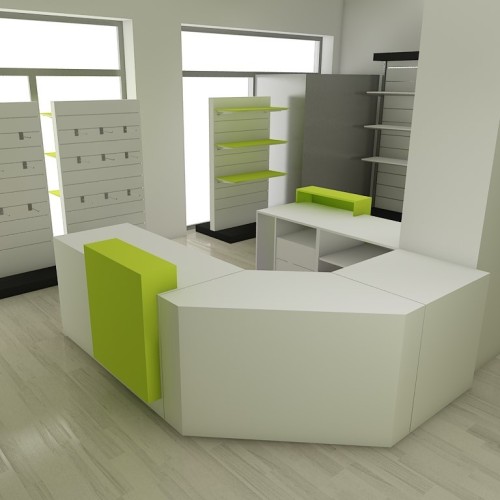 Comptoir de caisse et d'accueil Working à composer et entièrement personnalisable pour l'agencement de boutique