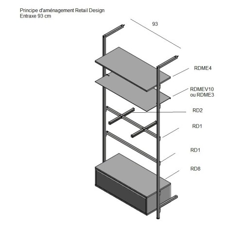 Etagère pour boutique en verre, etagère modulable pour agencement de magasin mural Retail Design L.57 & 87 cm