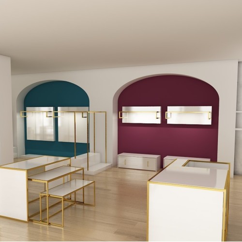 Découvrez un agencement boutique de prêt-à-porter innovant et affirmé. Les mobiliers professionnels de la collection POP UP saur