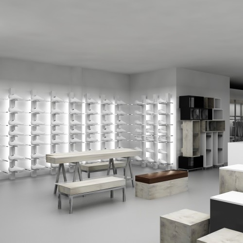 Panneau mural avec crémaillère pour agencement de magasin, équipement boutique, aménagement commerce. mobilier professionnel pou