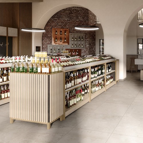 Ilot central centrale cave à vin en bois et métal. Ilot central professionnel pour exposition de bouteilles de vin.
