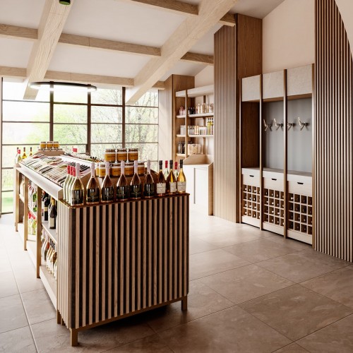 Ilot central centrale cave à vin en bois et métal. Ilot central professionnel pour exposition de bouteilles de vin.