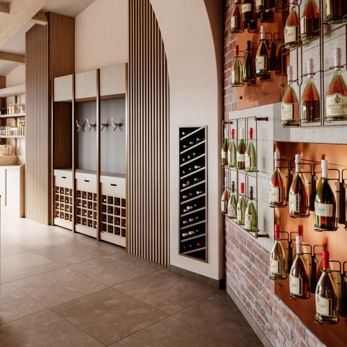 Présentoir mural pour bouteille de vin design et innovant en bois et métal. Agencement cave à vin.