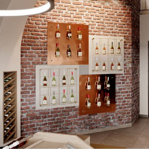 Présentoir mural pour bouteille de vin design et innovant en bois et métal. Agencement cave à vin.